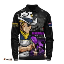 North Queensland Cowboys Long Sleeve Polo Shirt Anzac Day Purple Poppy And Animals That Served
