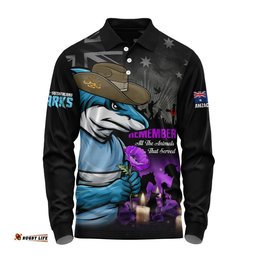 Cronulla-Sutherland Sharks Long Sleeve Polo Shirt Anzac Day Purple Poppy And Animals That Served