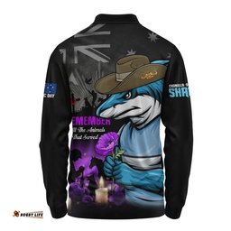 Cronulla-Sutherland Sharks Long Sleeve Polo Shirt Anzac Day Purple Poppy And Animals That Served
