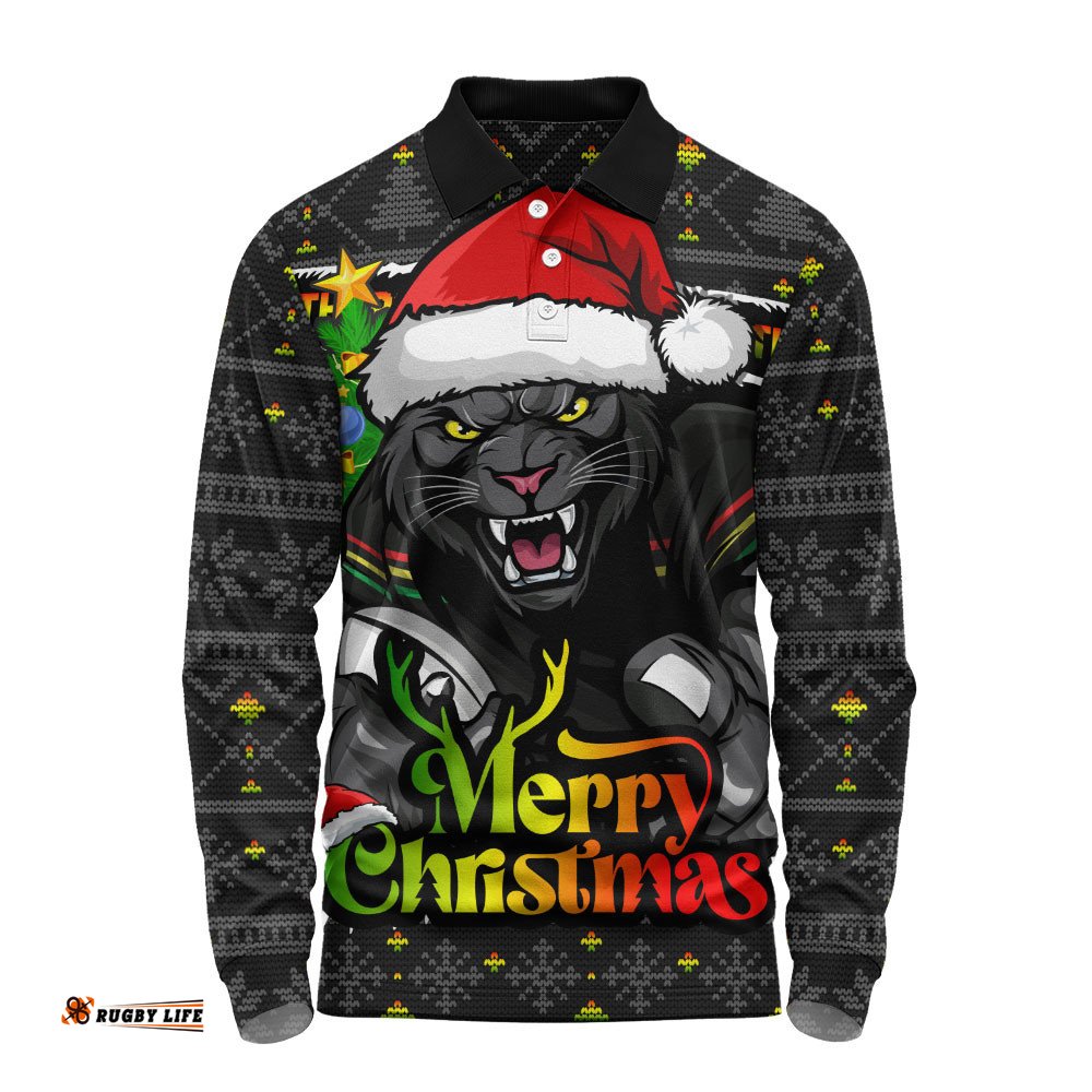 Penrith Panthers Long Sleeve Polo Shirt Merry Christmas Game Day Knit Style Team Edition