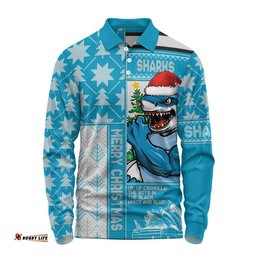 Cronulla-Sutherland Sharks Long Sleeve Polo Shirt Christmas Magic Knit Style Winter Glow