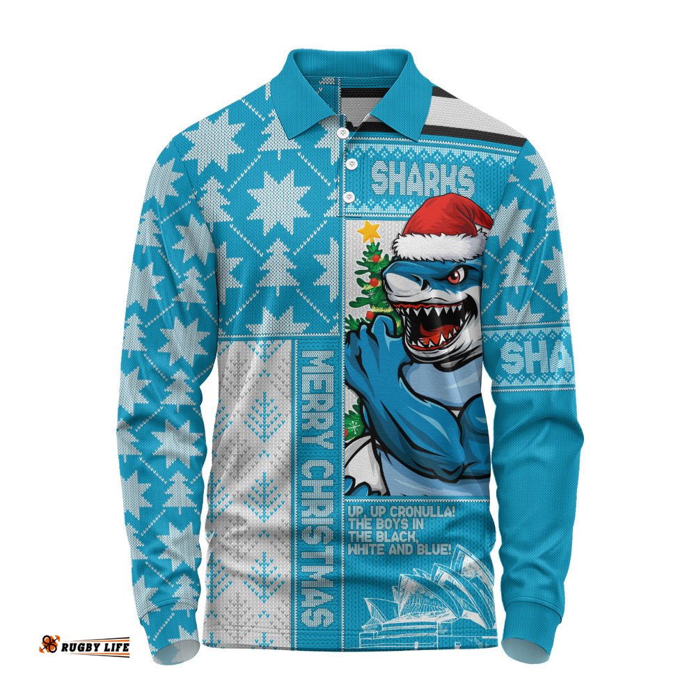 Cronulla-Sutherland Sharks Long Sleeve Polo Shirt Christmas Magic Knit Style Winter Glow