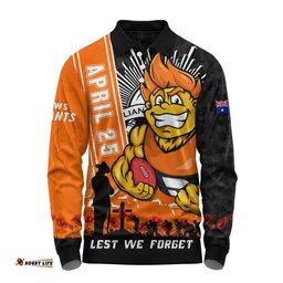 GWS GIANTS Long Sleeve Polo Shirt Anzac Day Lest We Forget Memorial