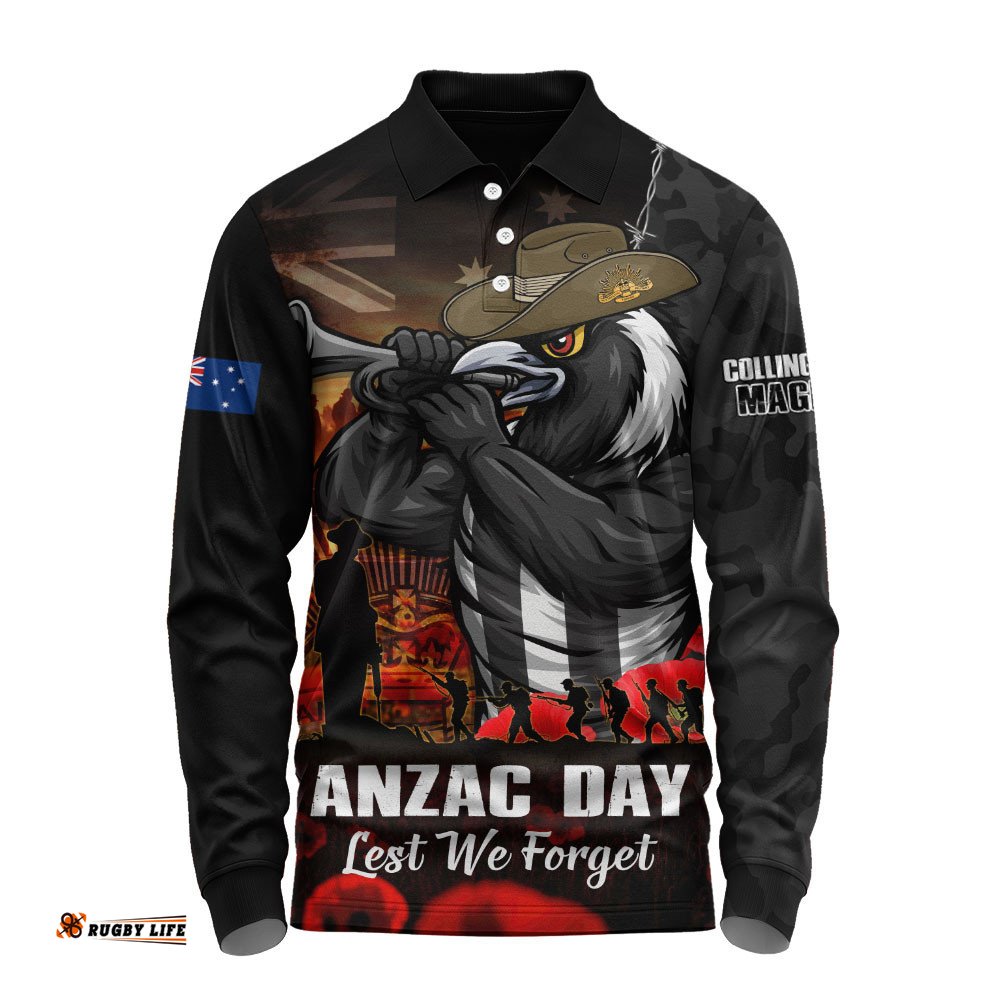 Collingwood Long Sleeve Polo Shirt ANZAC Day Lest We Forget Red Poppy And Honor The Brave Tribute