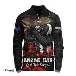 Collingwood Long Sleeve Polo Shirt ANZAC Day Lest We Forget Red Poppy And Honor The Brave Tribute