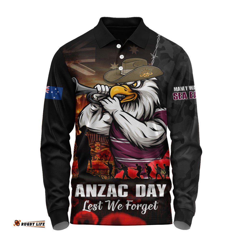Manly Warringah Sea Eagles Long Sleeve Polo Shirt Anzac Day Rising Dawn Ceremony Lest We Forget Courage