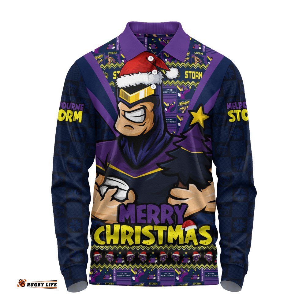 Melbourne Storm Long Sleeve Polo Shirt Merry Christmas Festive Spirit Edition