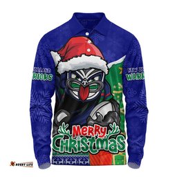 New Zealand Warriors Long Sleeve Polo Shirt Santa Scoring Touchdown On Christmas Game Day