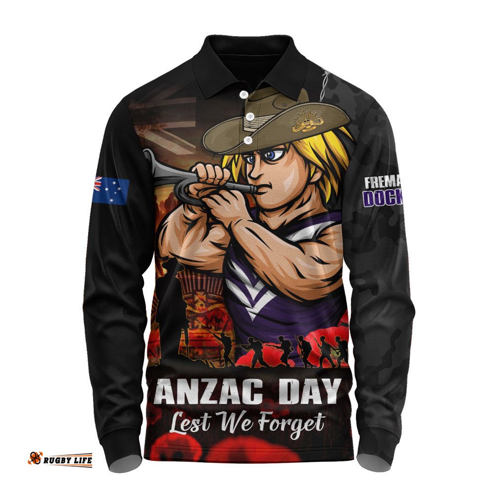 Fremantle Long Sleeve Polo Shirt ANZAC Day Lest We Forget Red Poppy And Honor The Brave Tribute