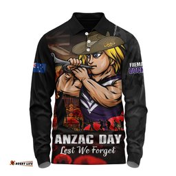 Fremantle Long Sleeve Polo Shirt ANZAC Day Lest We Forget Red Poppy And Honor The Brave Tribute