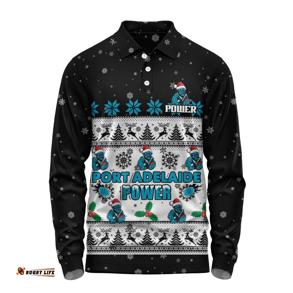 Port Adelaide Long Sleeve Polo Shirt Special Ugly Christmas Holiday Footy Fans