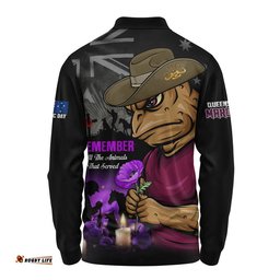Queensland Maroons Long Sleeve Polo Shirt Anzac Day Purple Poppy And Animals That Served