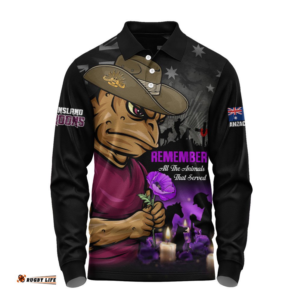 Queensland Maroons Long Sleeve Polo Shirt Anzac Day Purple Poppy And Animals That Served