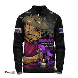 Queensland Maroons Long Sleeve Polo Shirt Anzac Day Purple Poppy And Animals That Served