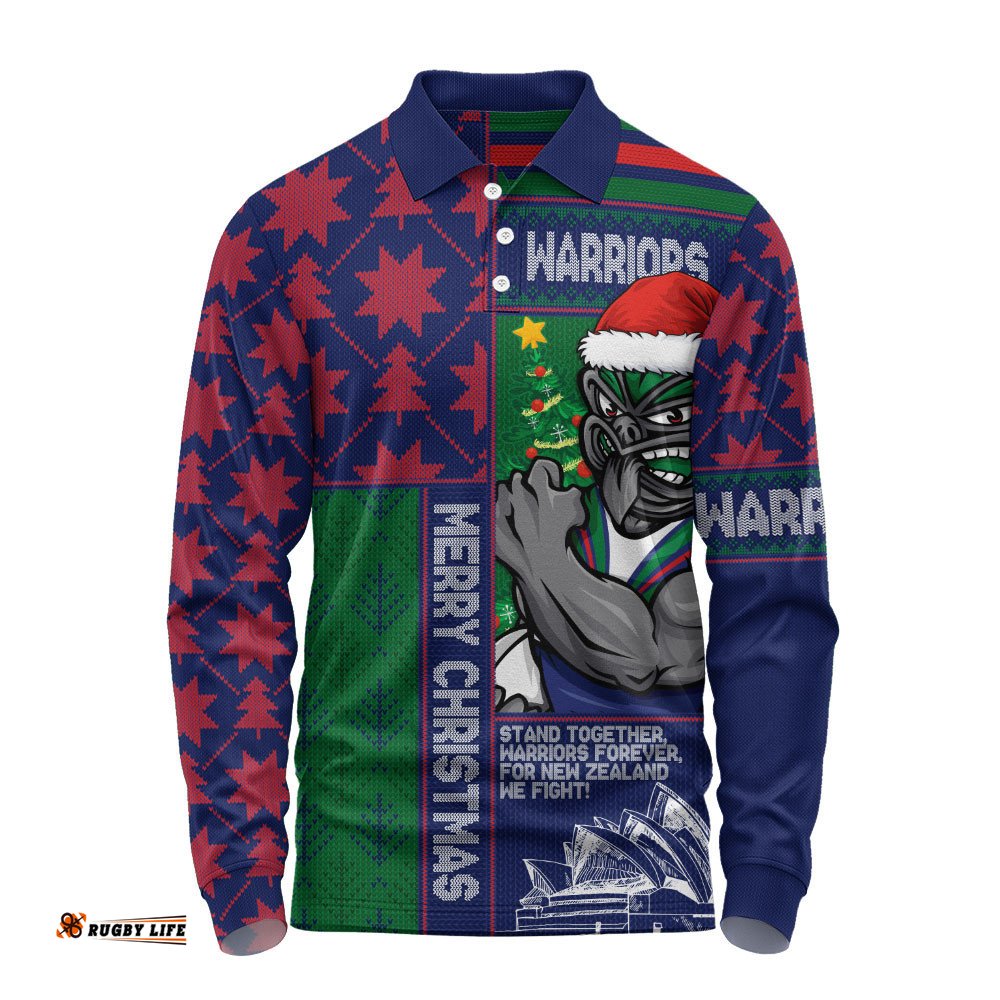 New Zealand Warriors Long Sleeve Polo Shirt Christmas Magic Knit Style Winter Glow