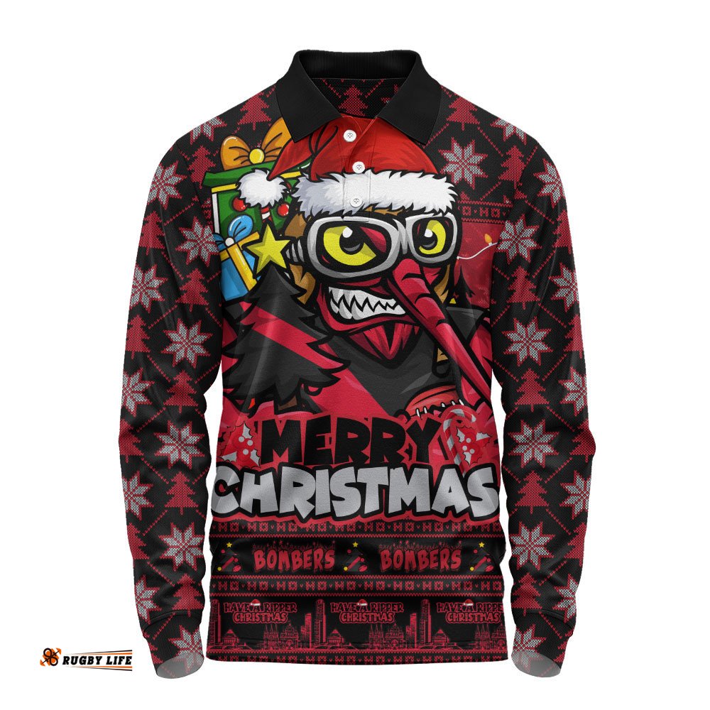 Essendon Long Sleeve Polo Shirt Festive Holiday Merry Christmas Vibe