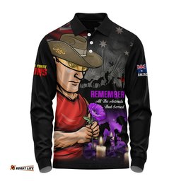 Gold Coast SUNS Long Sleeve Polo Shirt Anzac Day In Memory Of Animals That Served