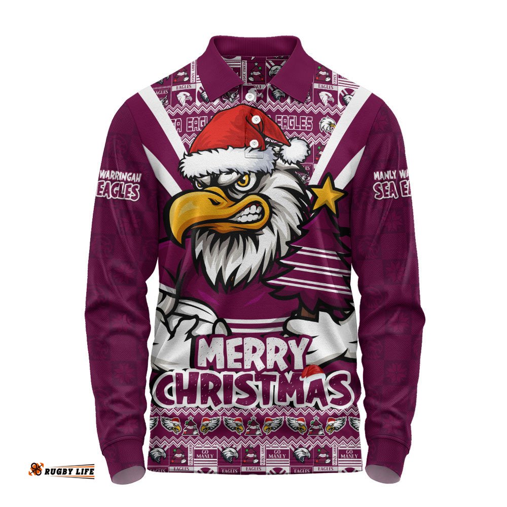 Manly Warringah Sea Eagles Long Sleeve Polo Shirt Merry Christmas Festive Spirit Edition
