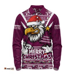 Manly Warringah Sea Eagles Long Sleeve Polo Shirt Merry Christmas Festive Spirit Edition