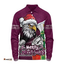 Manly Warringah Sea Eagles Long Sleeve Polo Shirt Santa Scoring Touchdown On Christmas Game Day