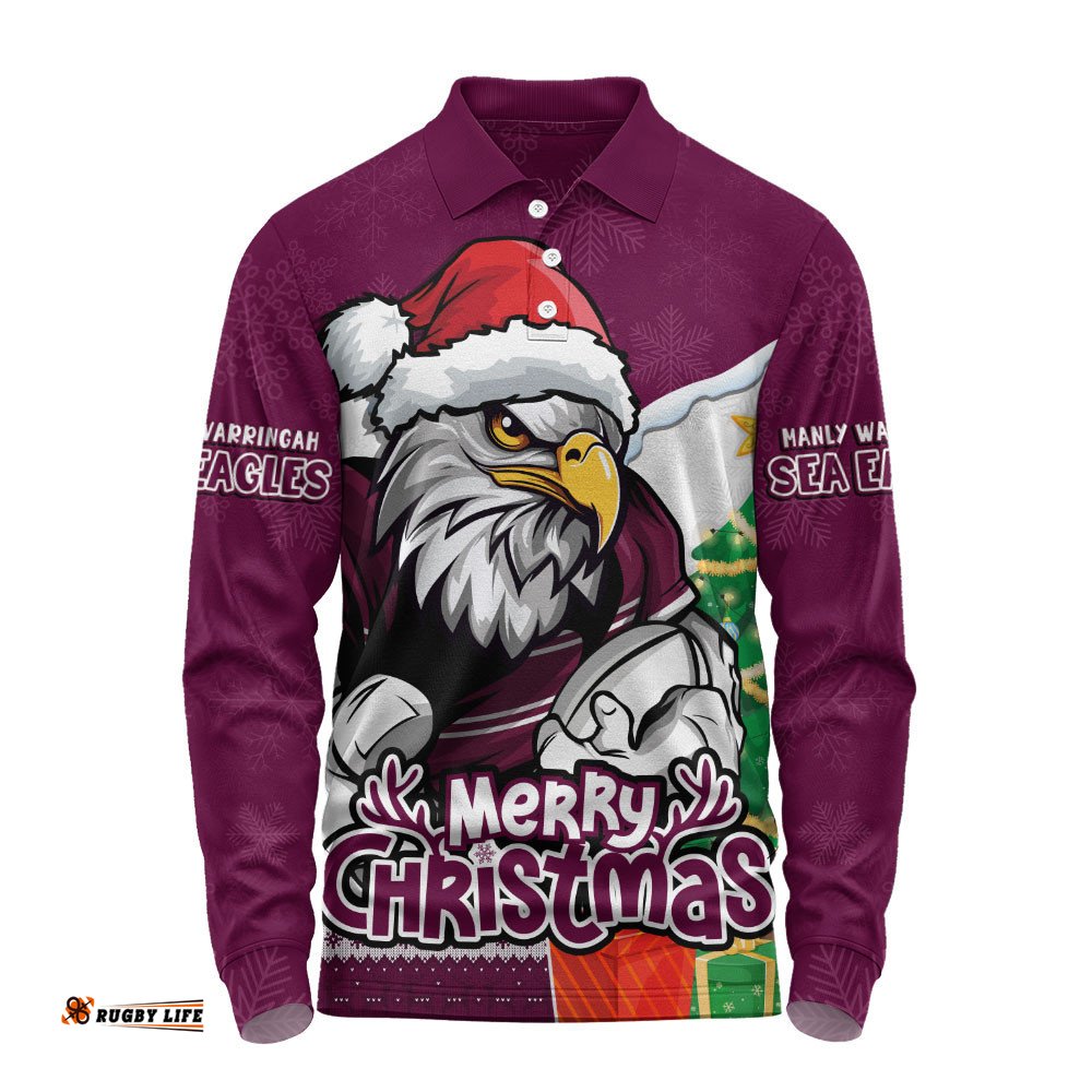 Manly Warringah Sea Eagles Long Sleeve Polo Shirt Santa Scoring Touchdown On Christmas Game Day