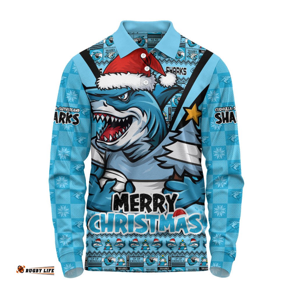 Cronulla-Sutherland Sharks Long Sleeve Polo Shirt Merry Christmas Festive Spirit Edition