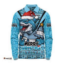 Cronulla-Sutherland Sharks Long Sleeve Polo Shirt Merry Christmas Festive Spirit Edition