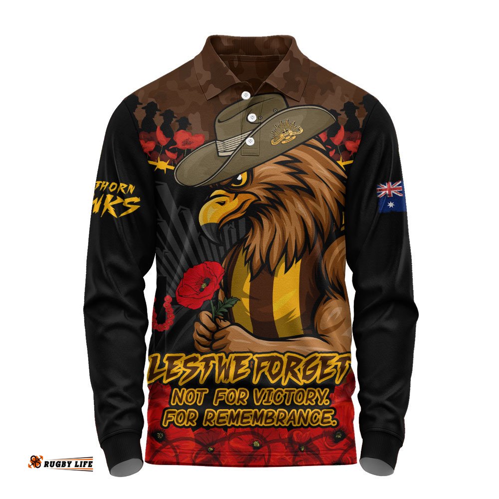 Hawthorn Long Sleeve Polo Shirt ANZAC Day Not For Victory For Remembrance