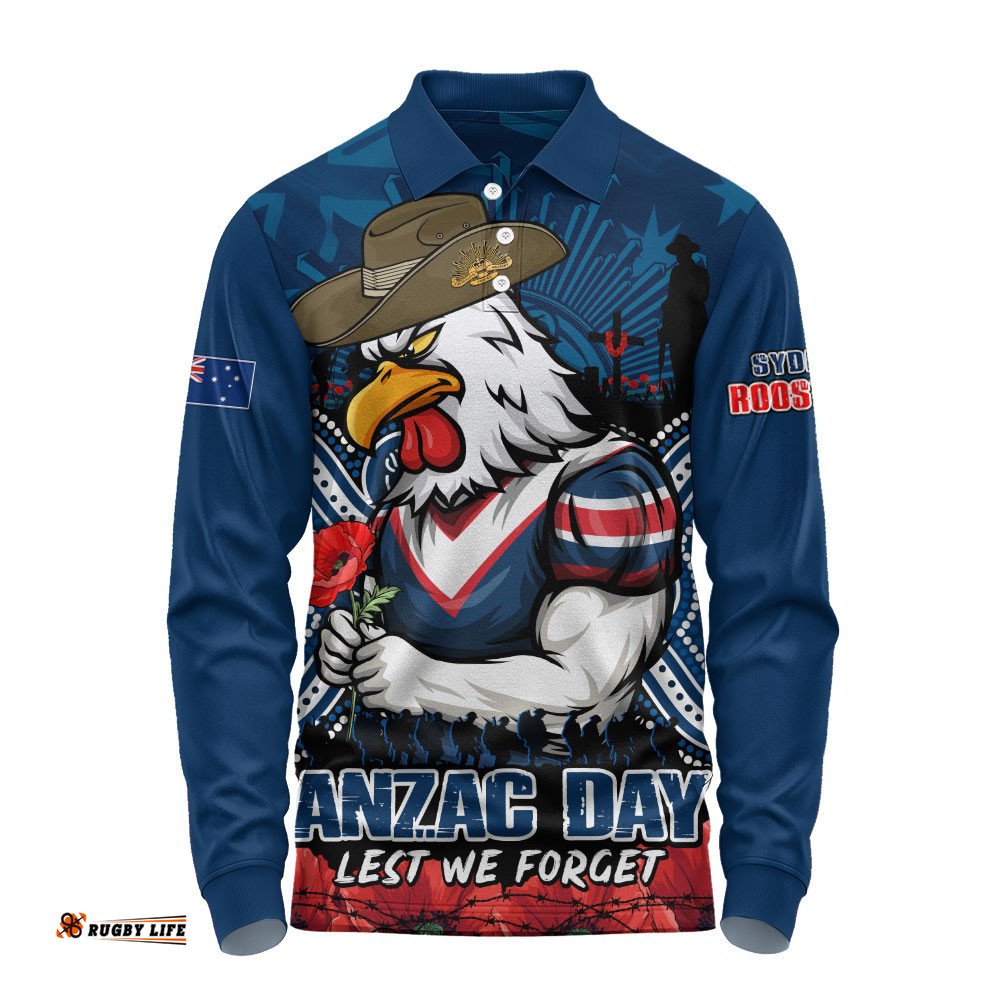 Sydney Roosters Long Sleeve Polo Shirt Anzac Day Pride Of Service Eternal Memory