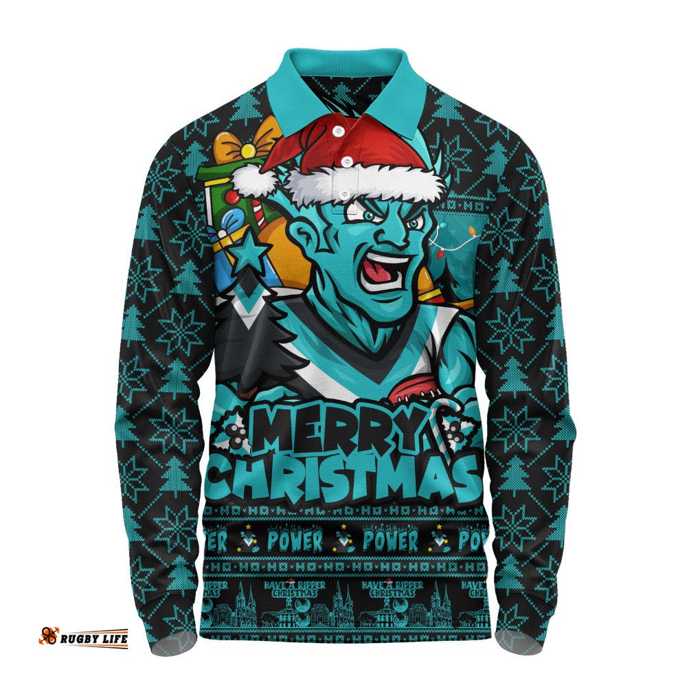 Port Adelaide Long Sleeve Polo Shirt Festive Holiday Merry Christmas Vibe