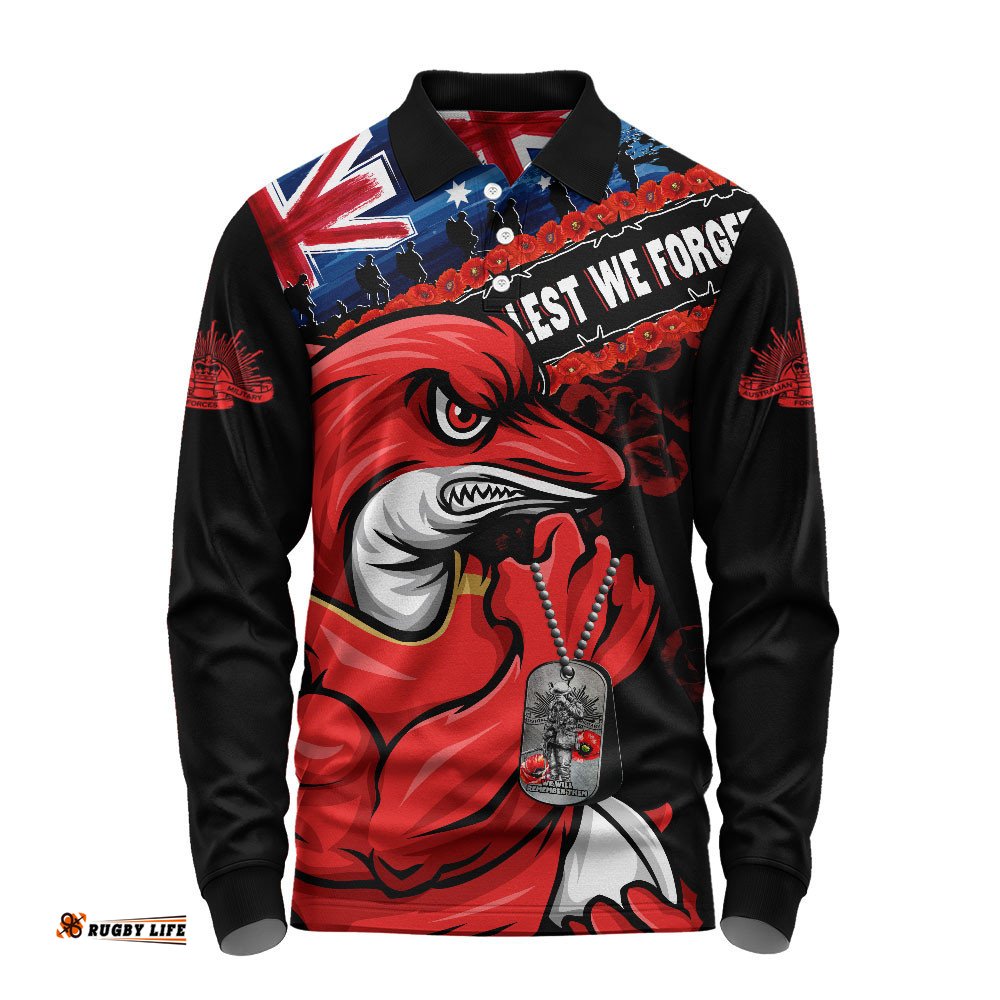 Redcliffe Dolphins Long Sleeve Polo Shirt Anzac Remembrance Of The Fallen
