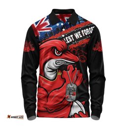 Redcliffe Dolphins Long Sleeve Polo Shirt Anzac Remembrance Of The Fallen
