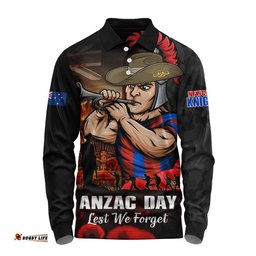 Newcastle Knights Long Sleeve Polo Shirt Anzac Day Rising Dawn Ceremony Lest We Forget Courage