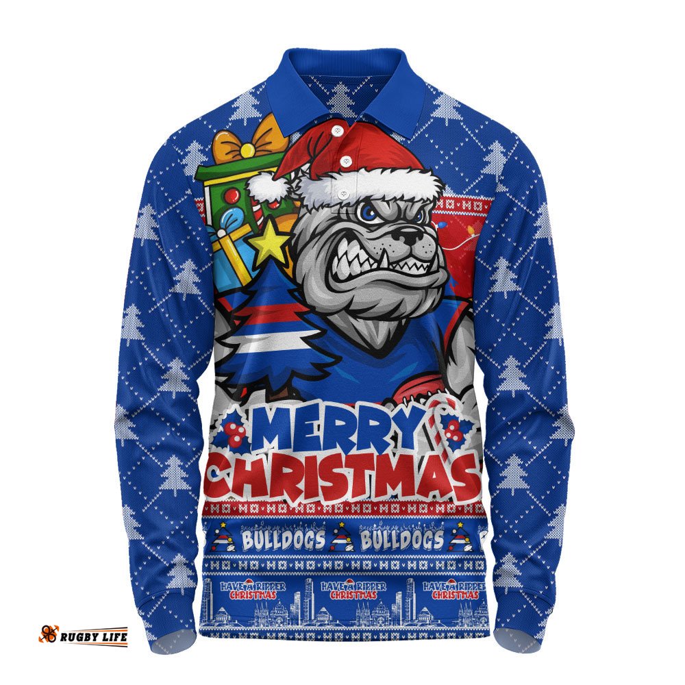 Western Bulldogs Long Sleeve Polo Shirt Festive Holiday Merry Christmas Vibe