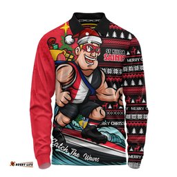 St Kilda Long Sleeve Polo Shirt Christmas Holiday Santa Rides The Waves