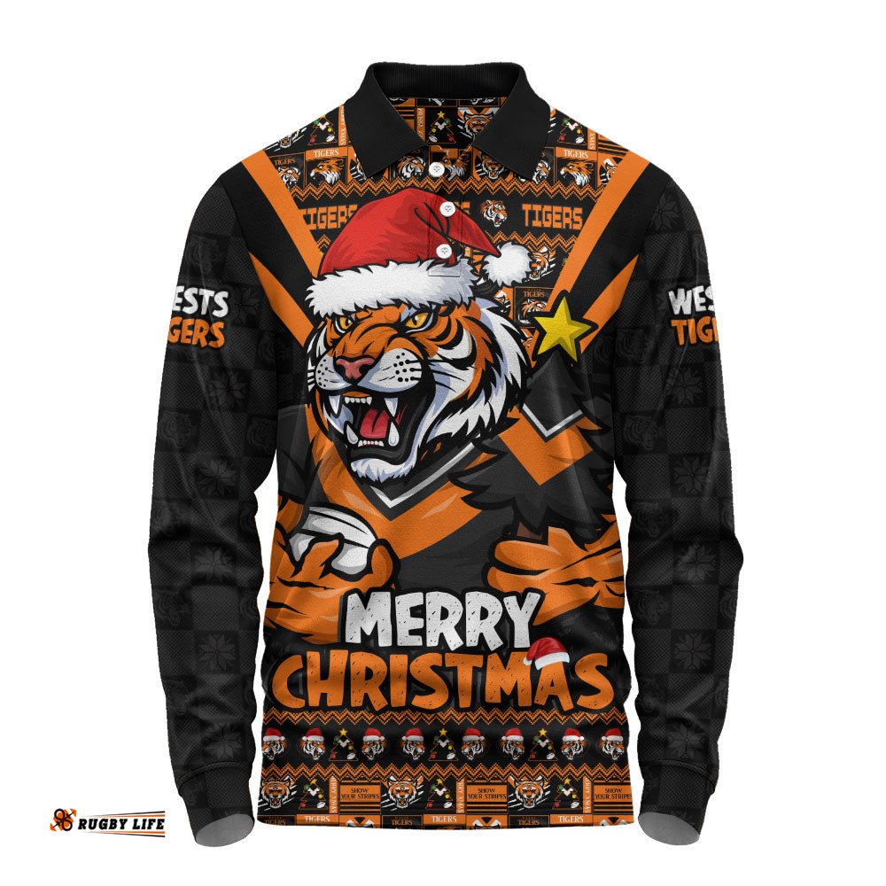 Wests Tigers Long Sleeve Polo Shirt Merry Christmas Festive Spirit Edition