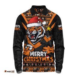 Wests Tigers Long Sleeve Polo Shirt Merry Christmas Festive Spirit Edition