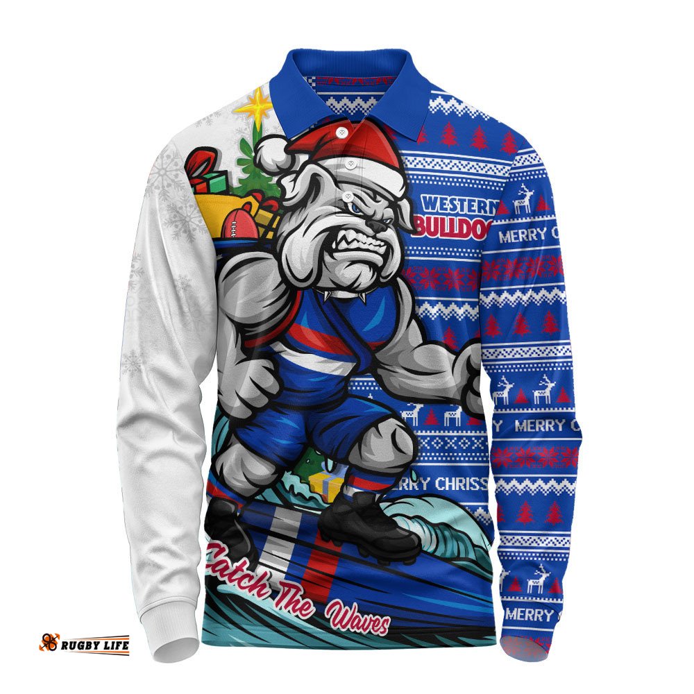 Western Bulldogs Long Sleeve Polo Shirt Christmas Holiday Santa Rides The Waves