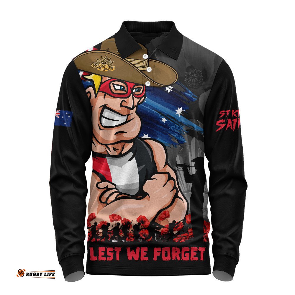 St Kilda Long Sleeve Polo Shirt ANZAC Inspired Football Fan Memorial Design