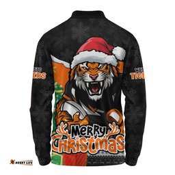 Wests Tigers Long Sleeve Polo Shirt Santa Scoring Touchdown On Christmas Game Day