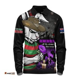 South Sydney Rabbitohs Long Sleeve Polo Shirt Anzac Day Purple Poppy And Animals That Served