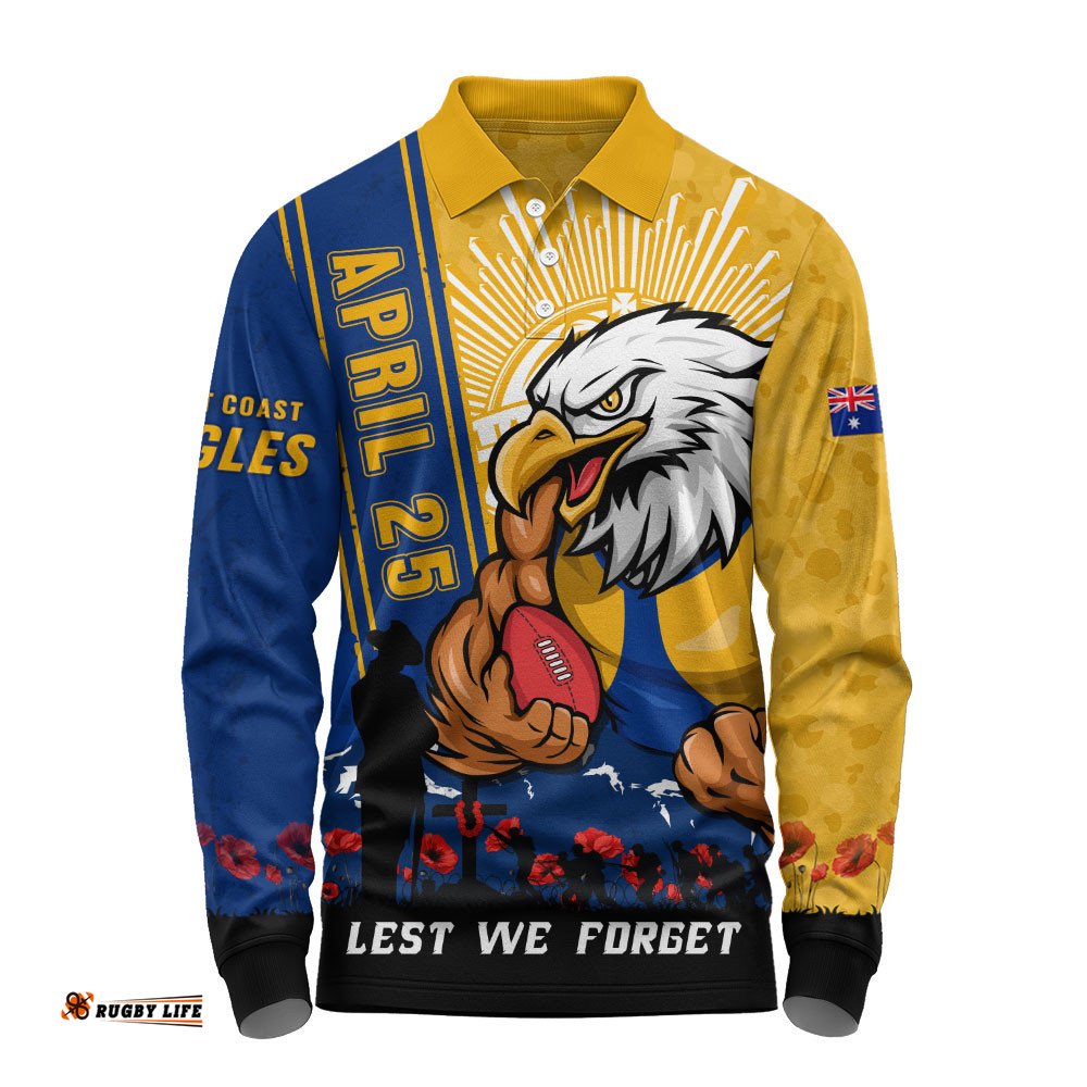 West Coast Eagles Long Sleeve Polo Shirt Anzac Day Lest We Forget Memorial