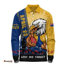 West Coast Eagles Long Sleeve Polo Shirt Anzac Day Lest We Forget Memorial