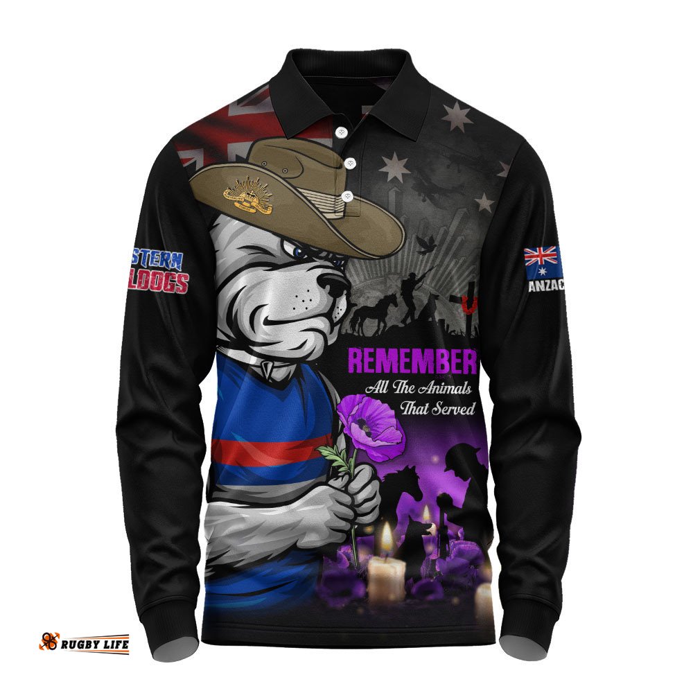 Western Bulldogs Long Sleeve Polo Shirt Anzac Day In Memory Of Animals That Served