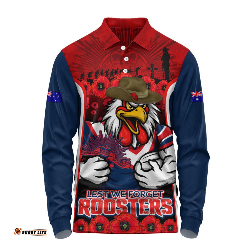 Sydney Roosters Long Sleeve Polo Shirt Lest We Forget In Honor And Remembrance