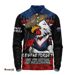 Sydney Roosters Long Sleeve Polo Shirt ANZAC Day Red Poppy And Brave Hearts Remembrance