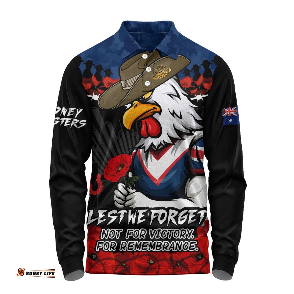 Sydney Roosters Long Sleeve Polo Shirt ANZAC Day Red Poppy And Brave Hearts Remembrance