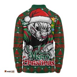 South Sydney Rabbitohs Long Sleeve Polo Shirt Merry Christmas Game Day Knit Style Team Edition