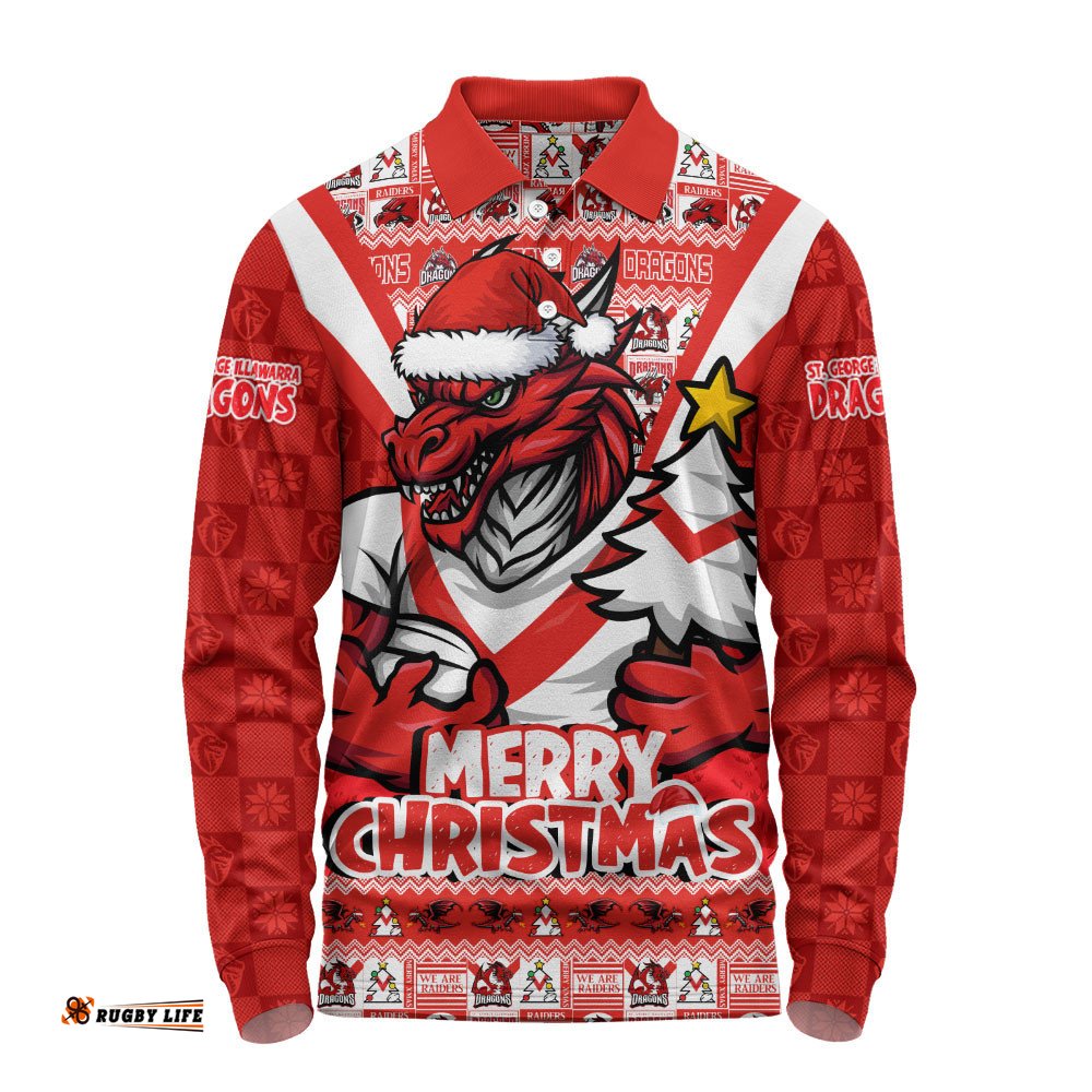 St. George Illawarra Dragons Long Sleeve Polo Shirt Merry Christmas Festive Spirit Edition