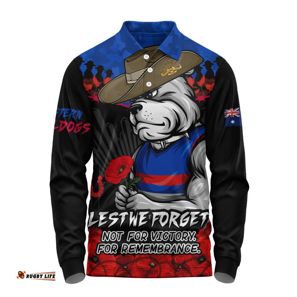 Western Bulldogs Long Sleeve Polo Shirt ANZAC Day Not For Victory For Remembrance